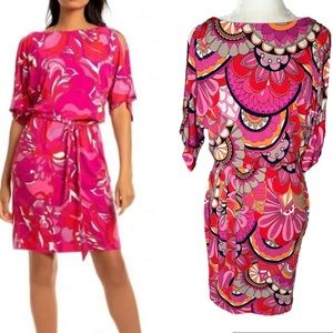 Trina Turk Bernice Maui Blooms Cold Shoulder Tie Waist Draped Knit Dress - XS